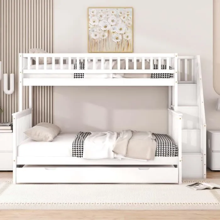 Lit superposé 90x200cm + 140x200cm, lit gigogne 90x198cm, escalier de rangement, cadre en pin, blanc-1