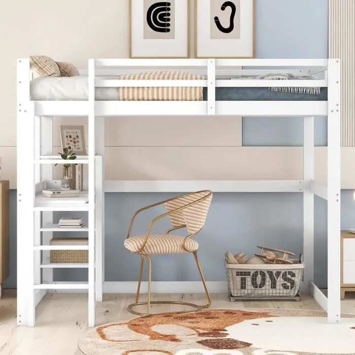 Lit mezzanine enfant - MODERNLUXE - 140 x 200 cm - Bureau et étagères - Bois massif - Blanc-1