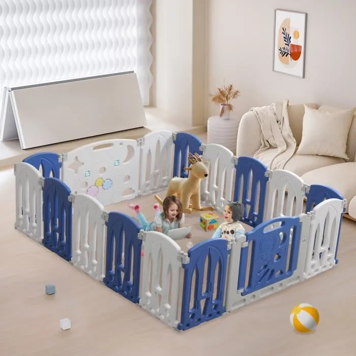 LILIIN Parc pour Bébé Pliable avec Porte et Planche à Jouets, 14 Panneaux + 2 Accessoires, Design Bleu et Blanc-3