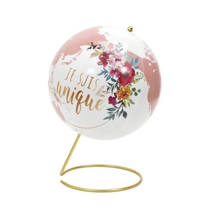 Globe Terrestre Déco "Girly" 29cm Blanc & Rose-0