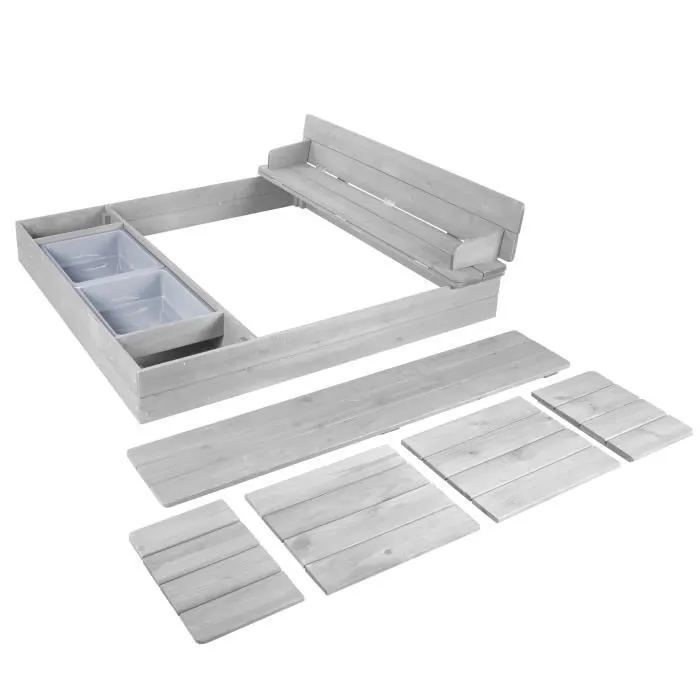 Bac à Sable ROBA - Banc à Dossier et Couvercle en Bois Massif - 2 Bacs en Plastique - Gris-1