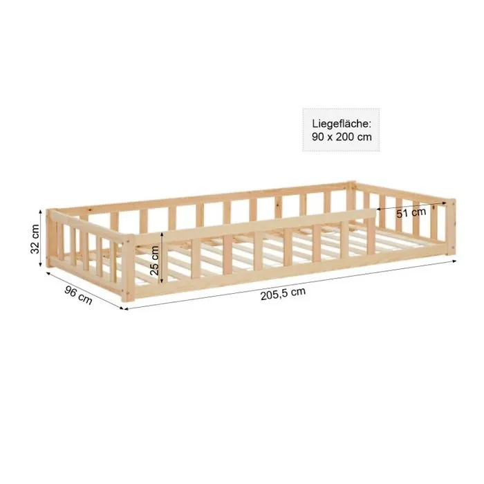 HomeStyle4U - 2837 - Lit Montessori 90x200 cm en bois massif naturel avec barrières-2