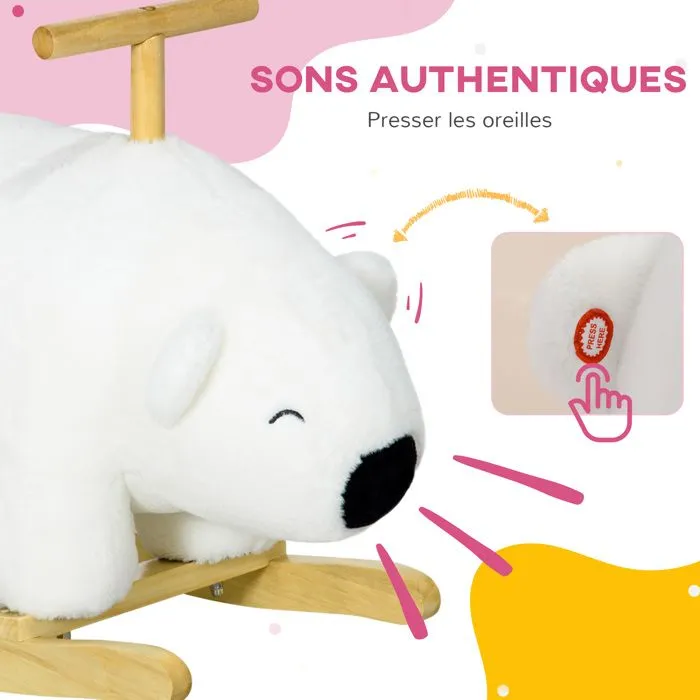 Cheval à bascule jouet à bascule modèle ours polaire fonction sonore poignée bois peuplier peluche douce blanc-4