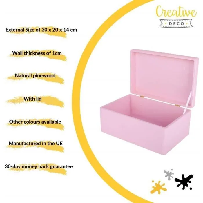 Creative Deco Grande Boite de Rangement en Bois à Décorer Rose | 30x20x14 cm | Naturel avec Couvercle | Boîte Caisse Malle Outil-2