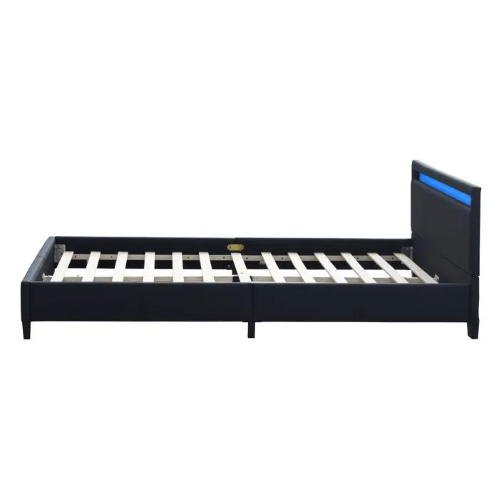 angel - Solide et Confortable Lit 160x200 avec Sommier Tte de Lit avec Eclairage LED Couleur NOIR Pieds en 10-3