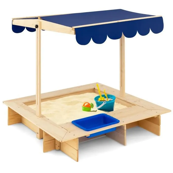 COSTWAY Bac à Sable en Bois Enfant 115 x 115 x 121 cm avec Toit Réglable et Pivotant Boite de Rangement et Banc pour Jardin-0