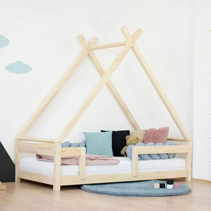 Lit Tipi enfant avec barrière bois massif naturel vernis 90 x 200 cm-0