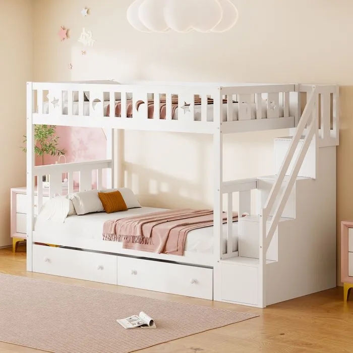 Lit superposé en bois massif  90x200 cm- avec escalier de sécurité - escalier de rangement - 2 tiroirs - sommier à lattes - blanc-1