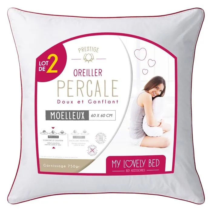 Oreiller Lot de 2 - My Lovely Bed - Percale 100% Coton - Confort Moelleux - Anti-acariens-0