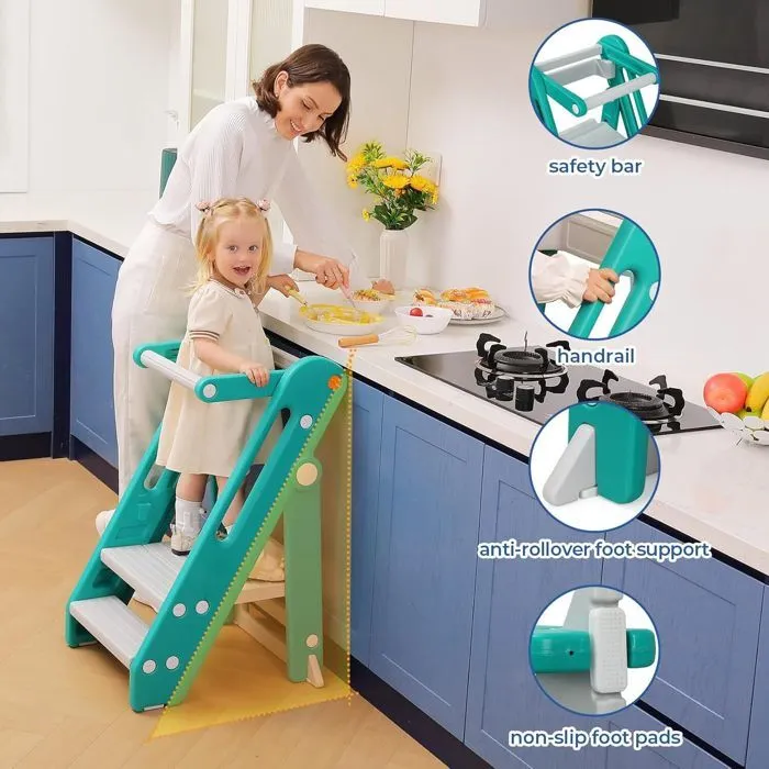 Tour d'observation Montessori Enfant, Marchepied pour Enfants réglable en Hauteur de 2 à 3 marches, Pliable, Sécurité, Vert-1