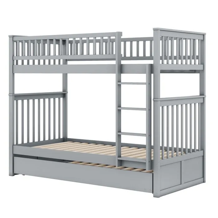 Lit superposé - Enfant - 90x200 cm - Bois massif - Gris - Lit gigogne inclus-2