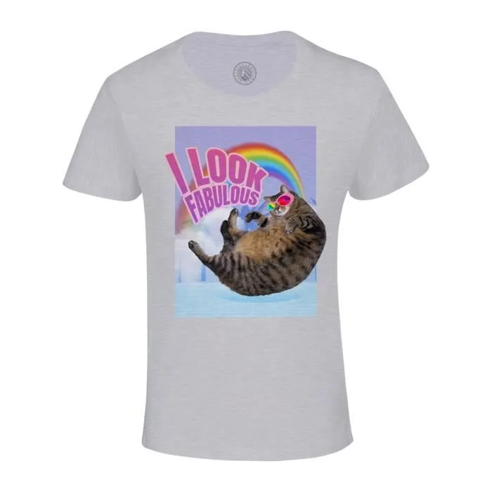 T-shirt Enfant Gris Look Fabulous Chat Collage Vintage Illustration Art Humour Parodie Animal-0