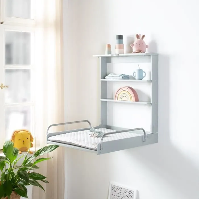 ROBA Table à Langer Murale Pliante avec Matelas à Langer Imperméable et Étagères Intégrées - Facile à Installer - Bois Gris-1