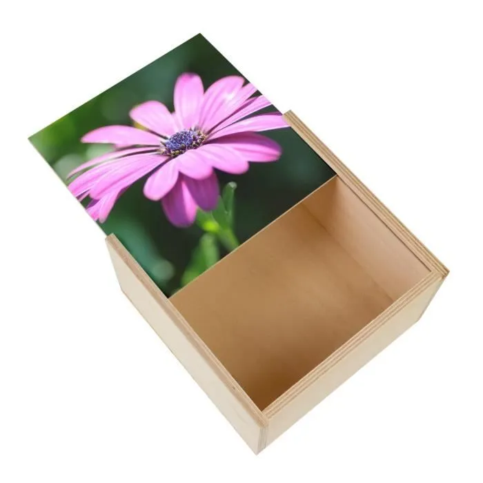 Boite Coffret en Bois - Fleur Marguerite Mauve au Coeur Violet Nature Champêtre  (11 x 11 x 3,5 cm)-0