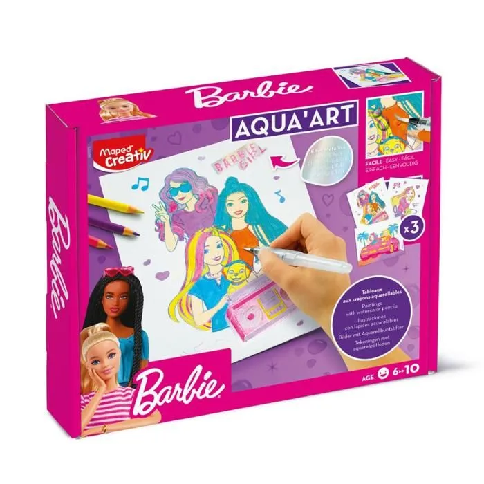 Aquarelles pour enfants - Maped Creativ - Barbie - Crayons aquarellables - Pinceau à eau - 3 affiches-0