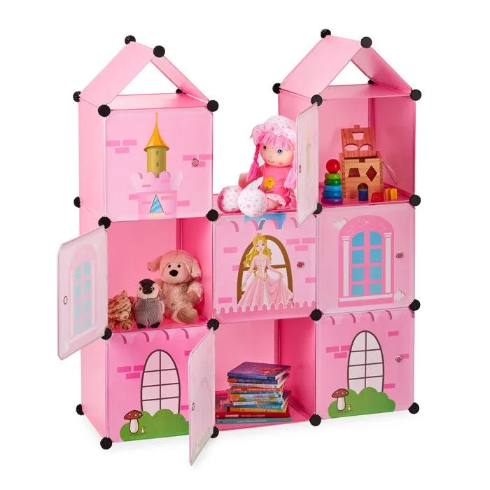 Relaxdays Etagère emboîtable chambre d'enfants,Château de princesse, Plastique, Armoire DIY avec portes, HlP128x110x37cm-0