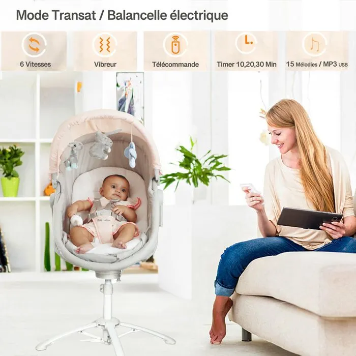 LOUNA multifonction 4 en 1 : BERCEAU, BALANCELLE ELECTRIQUE, CHAISE HAUTE TRANSAT.-4