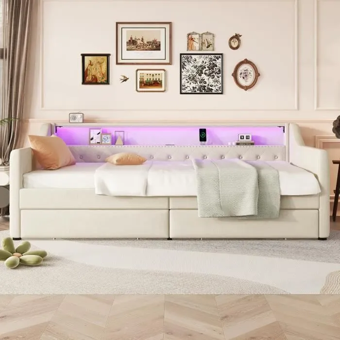 Canapé lit - Lin - Beige - 90x200 cm - LED - USB - 2 tiroirs-1