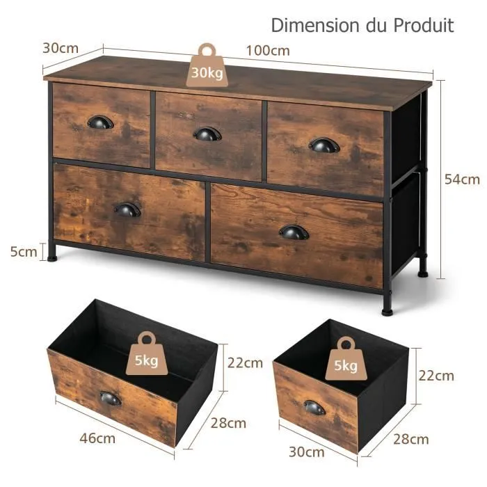 COSTWAY Commode en Tissu avec 5 tiroirs Non Tissés, 100 x 30 x 54 cm Meuble de Rangement, Cadre en Métal, Placards, Salon, Chambre-3