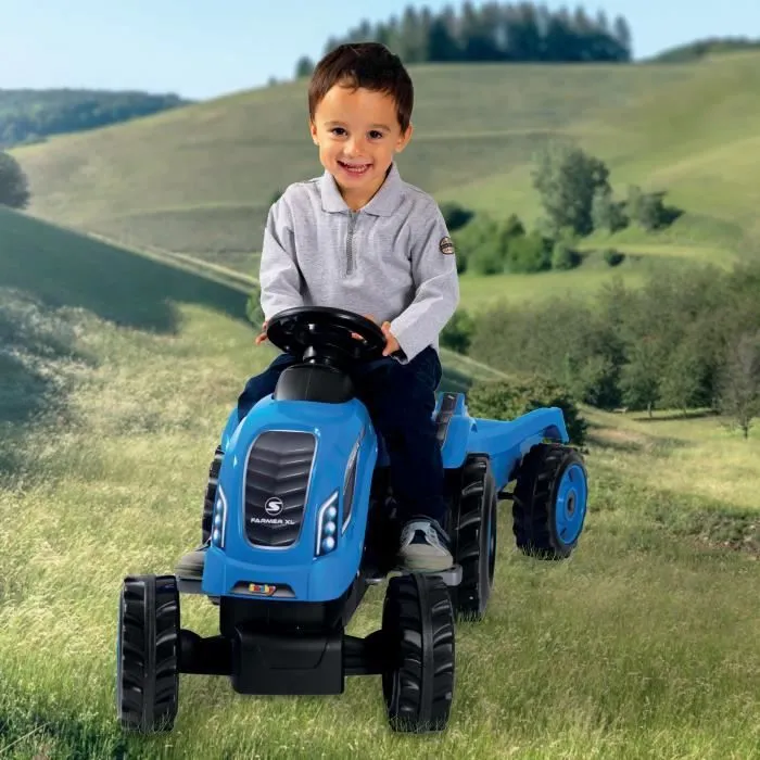 Tracteur à pédales Farmer XL + Remorque - Bleu - SMOBY - Siège ajustable - Capot ouvrant - Klaxon - 90% plastique recyclé-3