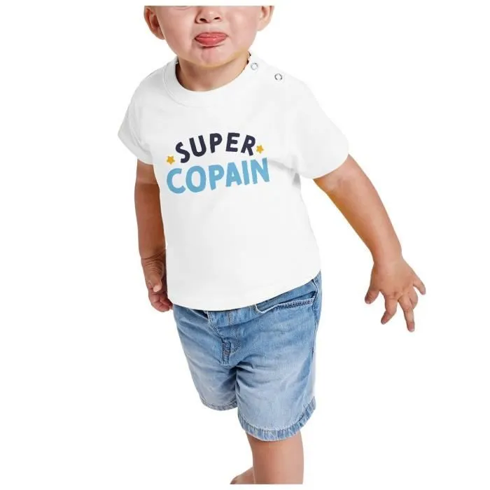 T-shirt Bébé Manche Courte Blanc Super Copain Meilleur Ami Enfant-1