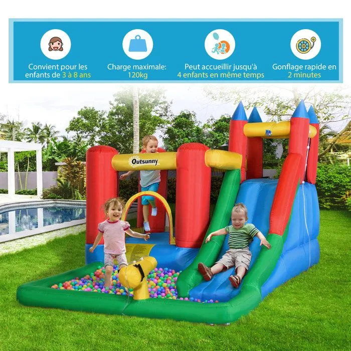 Château gonflable enfant - toboggan, trampoline, piscine, mur escalade - gonfleur, sac transport inclus - dim 3,3L x 2,45l x 2,15H m-5