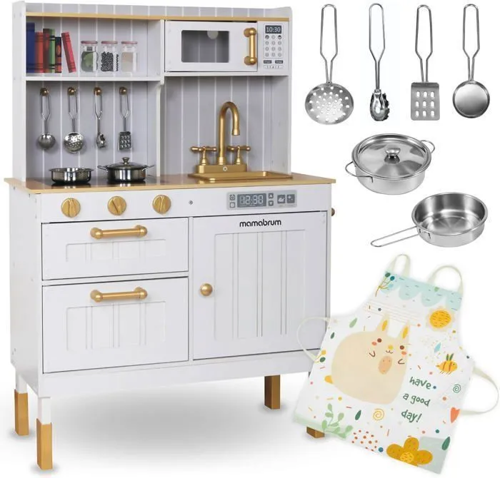 Cuisine Enfant En Bois 70*30*99,5 Mamabrum- Cuisine évolutive sur pieds, Dinette Ustensiles Tablier Frigo Micro-ondes Plaque-0