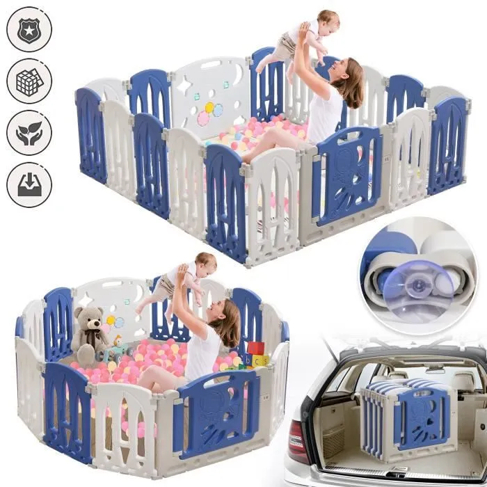 LILIIN Parc pour Bébé Pliable avec Porte et Planche à Jouets, 12 Panneaux + 2 Accessoires, Design Bleu et Blanc-0