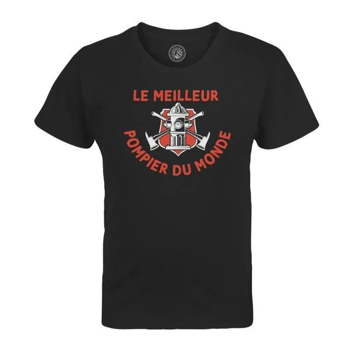 T-shirt Enfant Noir Le Meilleur Pompier du Monde Sauveteur Sapeur Pompier Incendie Accident-0