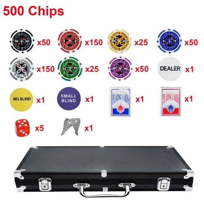 Mallette de poker UISEBRT avec 500 jetons Laser 2 plateaux 5 dés 3 boutons Dealer Boîtier en Aluminium Noir-1