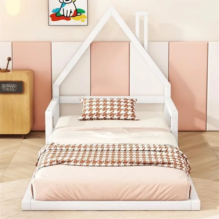 Lit cabane - Enfant - 90x200 cm - Pin massif - Blanc - Sommier à lattes inclus-0