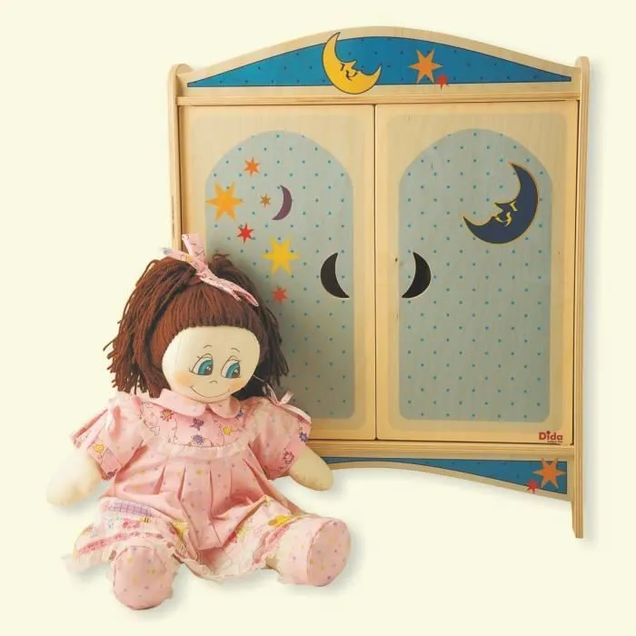 Dida - Armoire de poupée jouet en bois - décoration Lune – Garde-robe en bois avec des cintres pour poupées 50 cm de hauteur-0