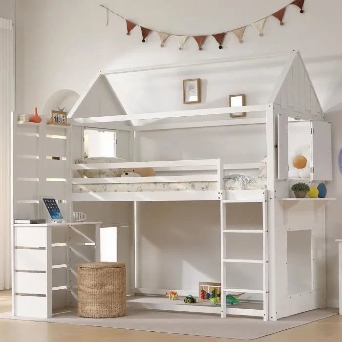 Lit superposé 90x200cm - lit cabane enfant avec 1x sommier à lattes et table, étagère ouverte, 2 fenêtres - pin+MDF, blanc-1