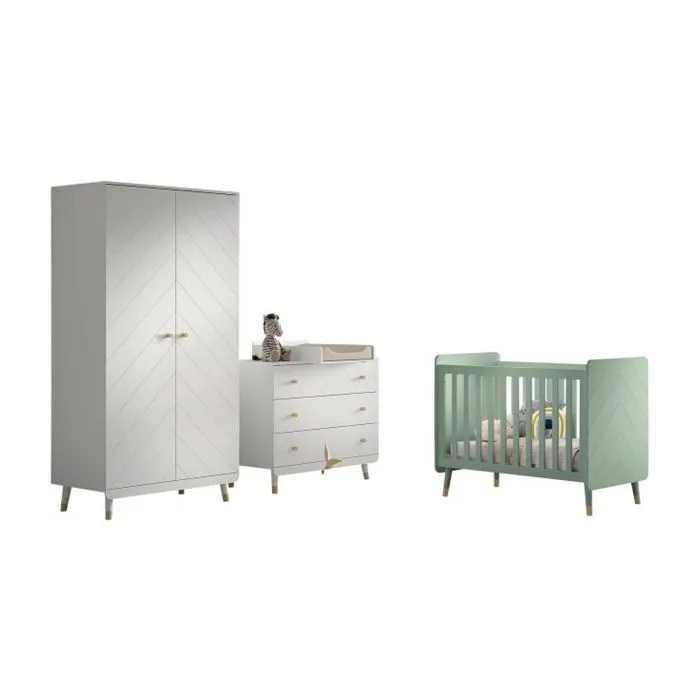 Ensemble Chambre Bébé - Billy - Lit Vert - Commode Blanche - Armoire 2 Portes-0