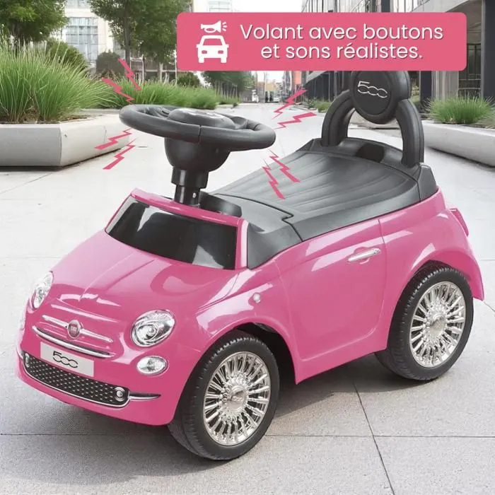 DEVESSPORT Porteur Fiat 500 Rose. Licence Officielle. Volant Klaxon & Sons. Rangement. Anti-Bascule. 12-36 Mois.-4