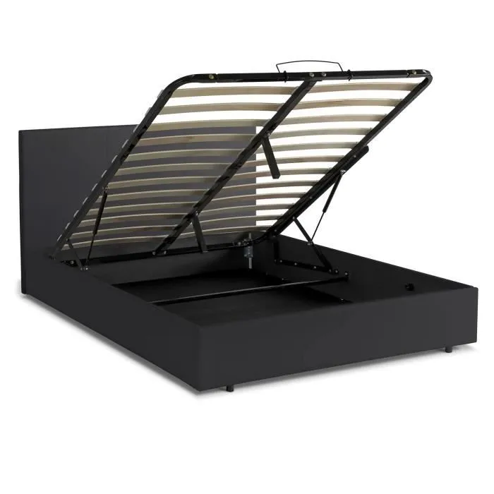 Lit Coffre Majestueux 90x190 Noir Sampur | Sommier à Lattes Inclus | Simili Cuir | Rangement Pratique Space-D | Solide & Durable-0