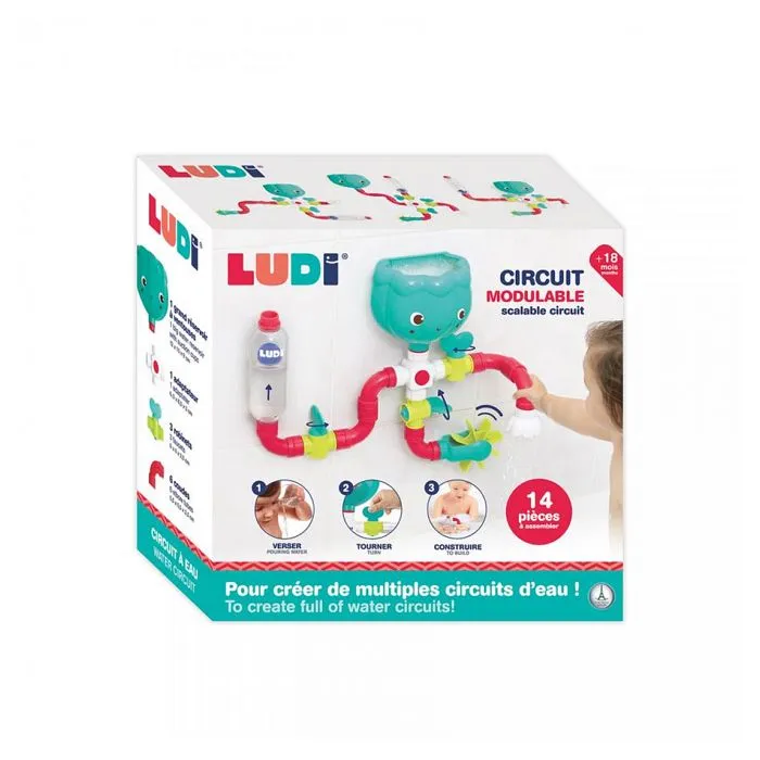 Circuit d'eau à construire LUDI - Jouet de bain pour bébé - 14 pièces à assembler avec moulin et arroseur-0