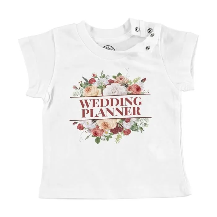 T-shirt Bébé Manche Courte Blanc Wedding Planner Mariage Mariée Bouquet Fleurs-0