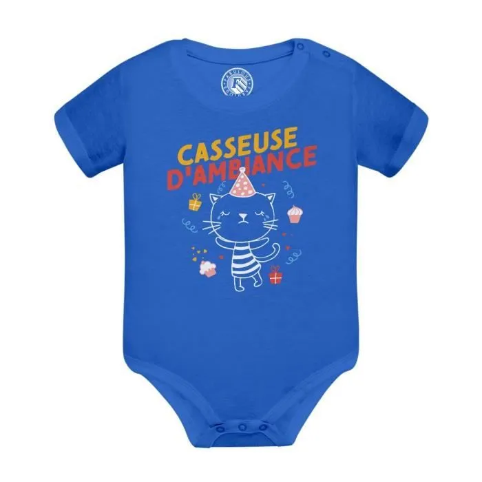 Body Bébé Manche Courte Bleu Casseuse d'Ambiance Chat Dessin Illustration-0