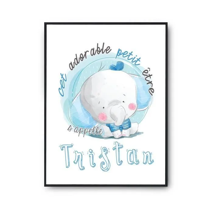 Affiche bébé prénom Tristan Éléphant - Marque - Modèle - Bleu - Chambre - Décoration murale-0