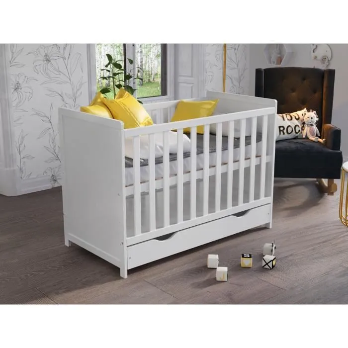 Lit Bebe Blanc 120 x 60 cm, Lit en Bois pour Enfants Lit evolutif Bebe + Barrière de sécurité-0