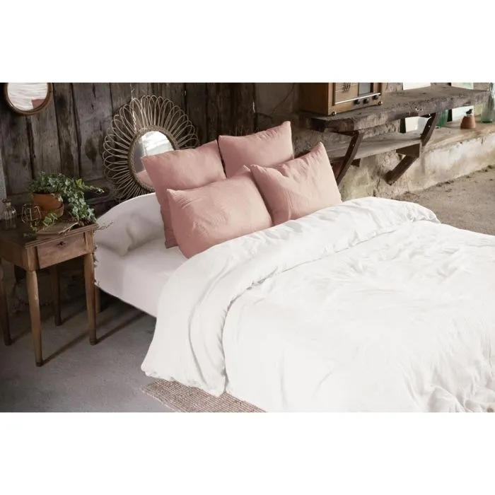 Housse de couette double gaze de coton Bio 240x220 cm 4 taies Blanc/Rose-1