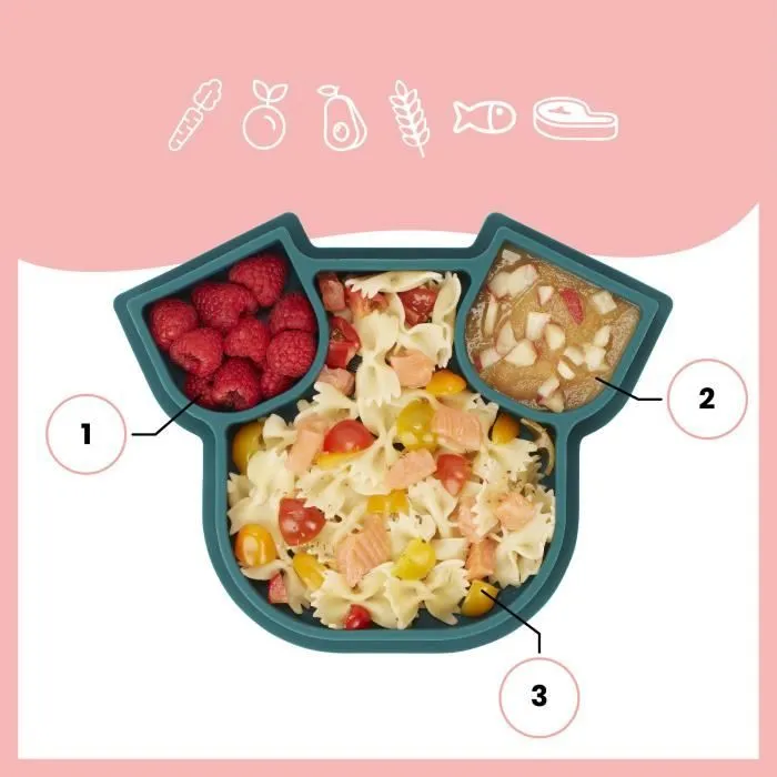 BABYMOOV Assiette compartimentée bébé ISY PLATE, en silicone, souple & solide, antidérapente, passe au lave-vaisselle, chien bleu-2