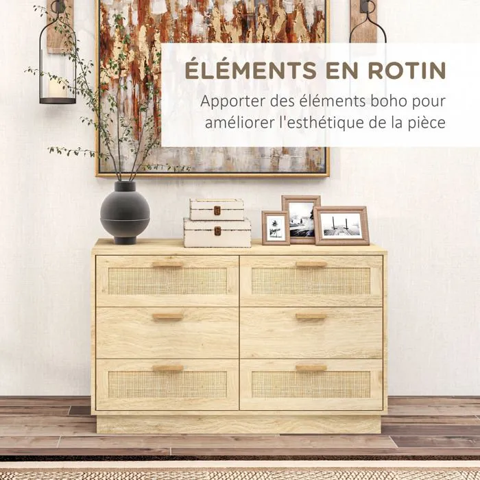 Commode design bohème en rotin - HOMCOM - 6 tiroirs - meuble de rangement - chêne-4