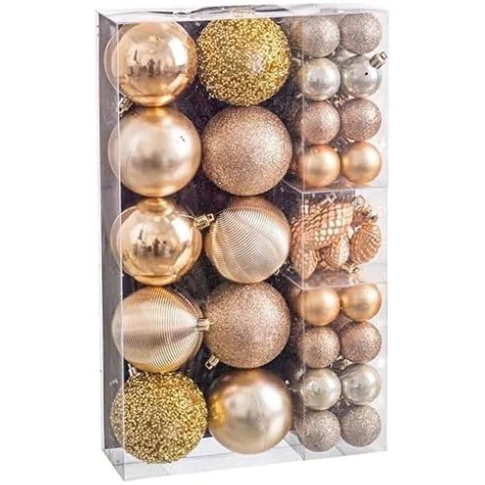 Boules de Noël - LOLAHOME - Lot de 50 - Plastique doré - 10 grosses, 32 petites, 8 pommes de pin-0