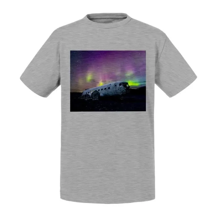 T-shirt Enfant Gris Solheimasandur Avion Ecrase Aurore Boreale Islande-0