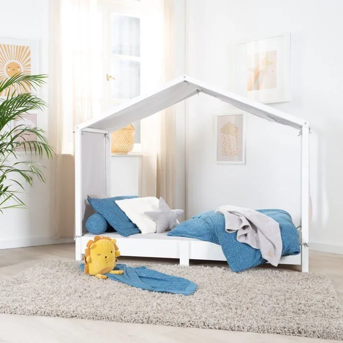 Toile de Lit Cabane Montessori 70x140 - ROBA - avec 2 Poches de Rangement et Fenêtre de Toit - Gris Clair-3