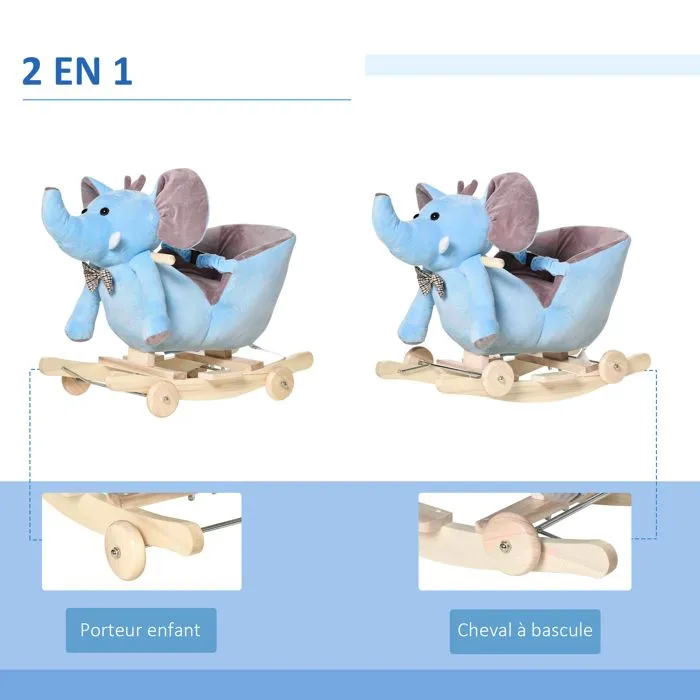 Cheval à Bascule HOMCOM Jouet à Bascule éléphant et Porteur sur roulettes 2 en 1 Fonction Musicale 32 Pistes Ceinture sécurité  Bleu-4