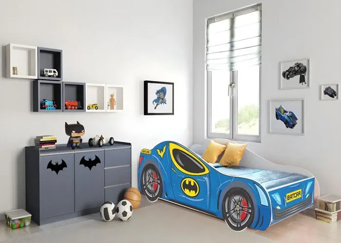 Lit enfant pour garçon voiture de Batman Batcar bleu avec matelas et sommier inclus - 160 cm x 80 cm-1