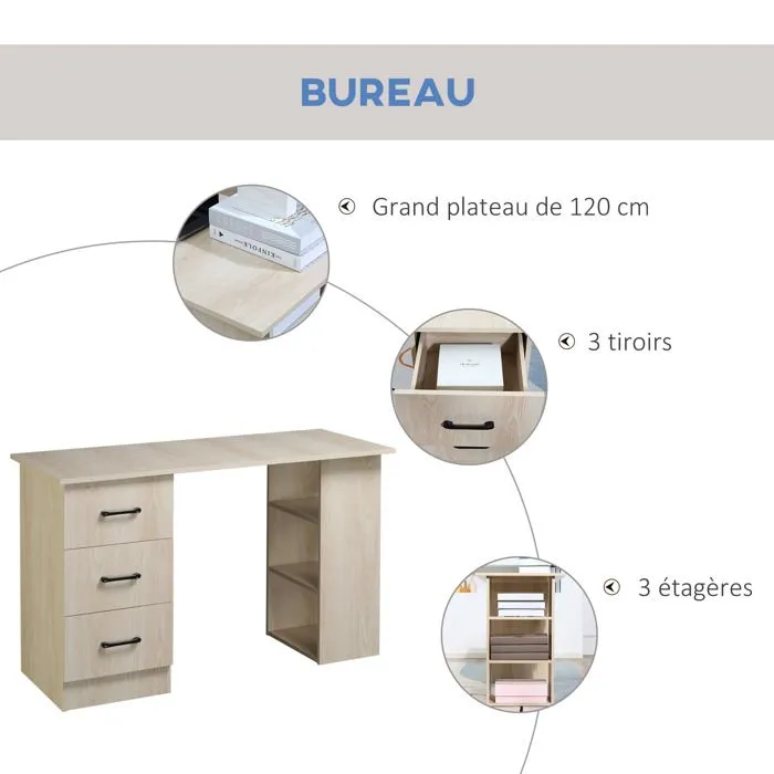 Bureau 120 x 50 cm - HOMCOM - étagères et tiroirs - pour petit espace, bureau à domicile, chambre à coucher - couleur bois-4
